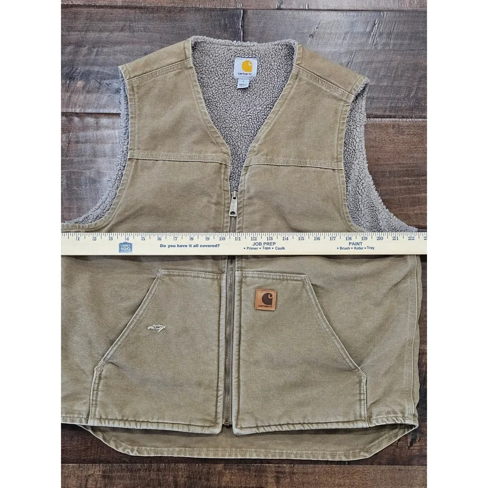 Distressed Carhartt Mens Sherpa Lined Sandstone Duck Vest Tan L Canvas V-Neck